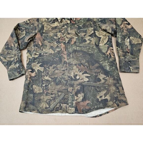Vintage 80s Lapco Mossy Oak Camo Pearl Snap Long Sleeve Shirt Size Large - Picture 2 of 12